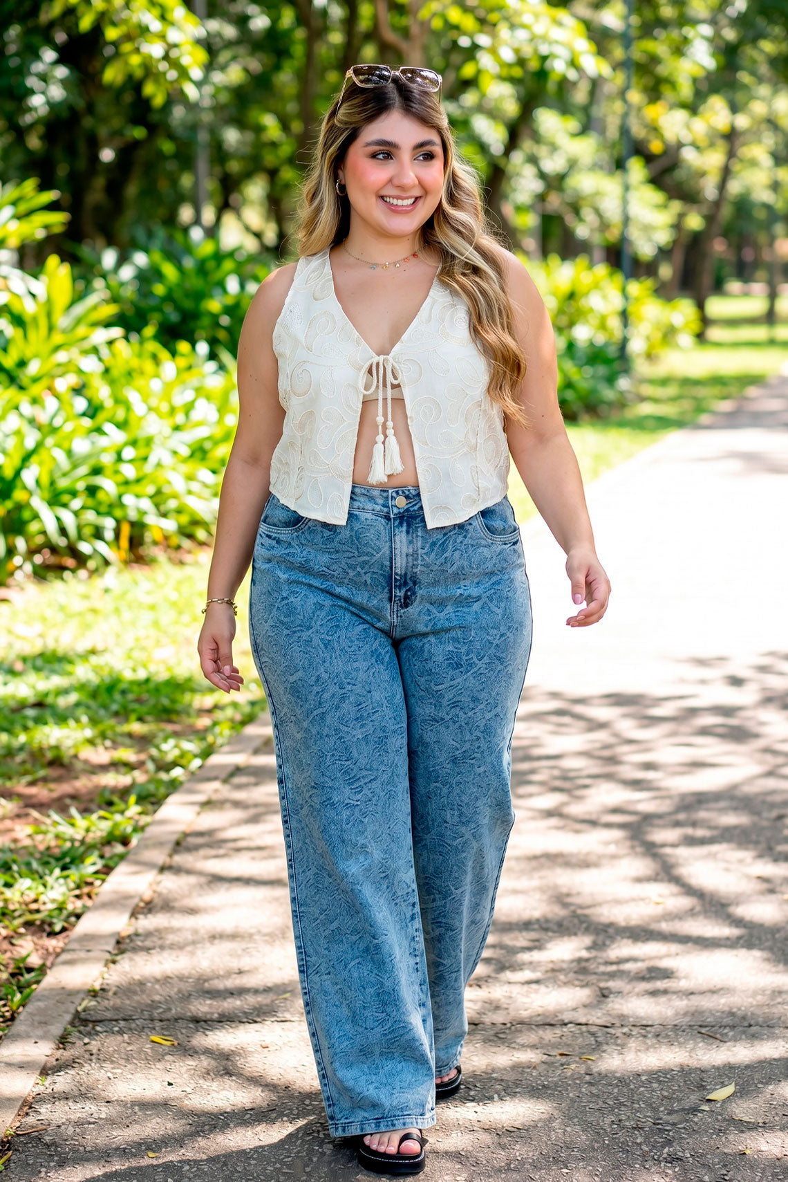 Jean Wide Leg con Textura Abstracta Azul