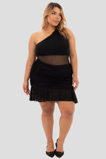 Vestido corto asimétrico en malla Negro