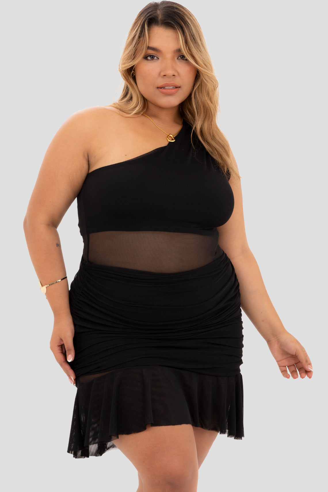 Vestido corto asimétrico en malla Negro