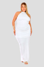 Vestido largodrapeado cuello halter Blanco