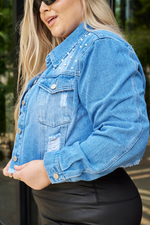 Chaqueta Denim Crop con Aplicaciones de Perlas