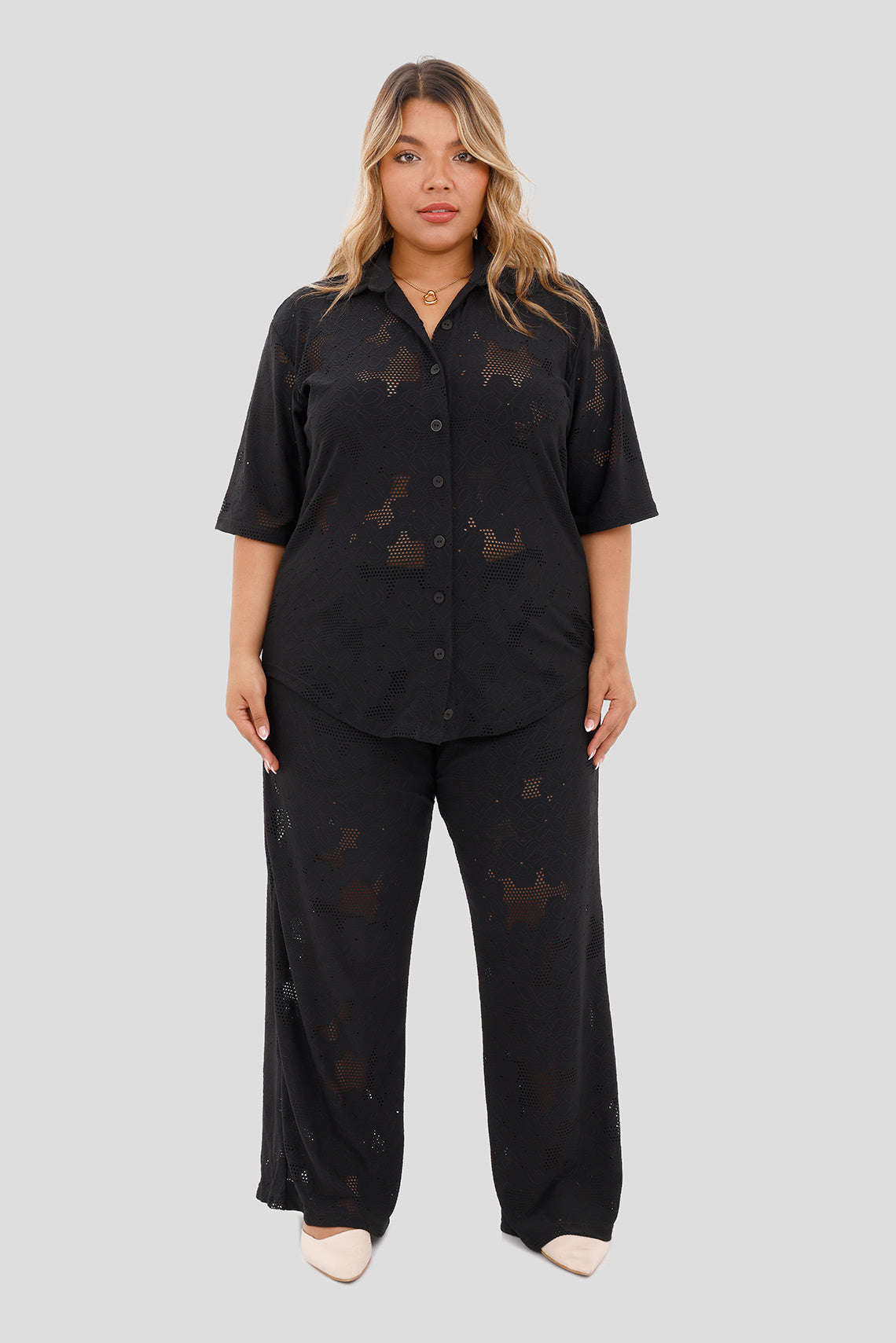 Conjunto Camisa y Pantalón Bordado Negro Plus
