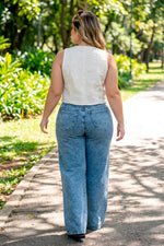 Jean Wide Leg con Textura Abstracta Azul