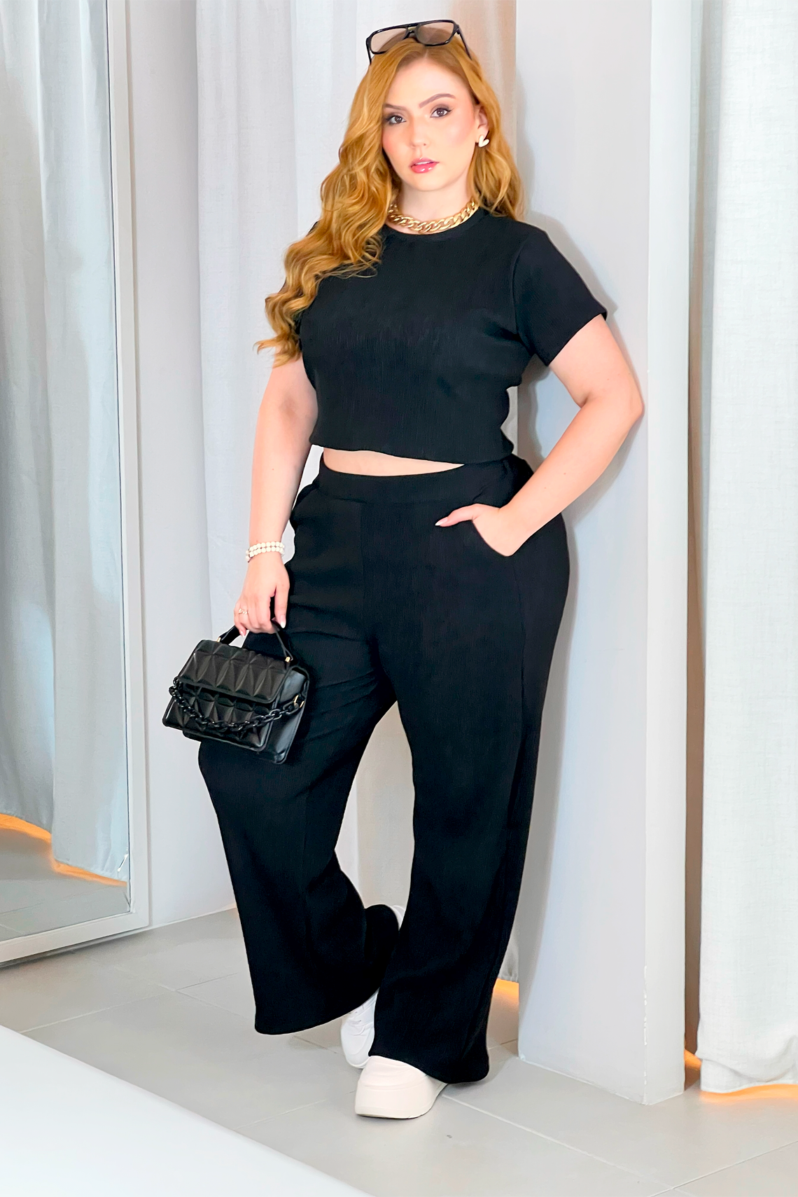 Pantalón Wide Leg elástico negro