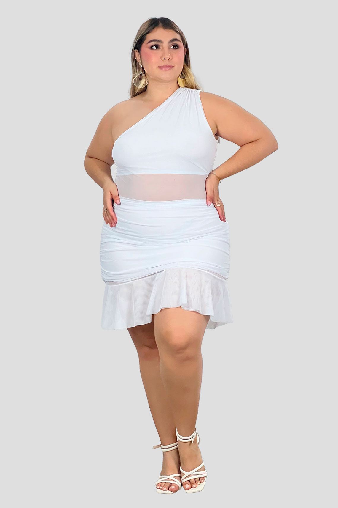 Vestido corto asimétrico en malla Blanco