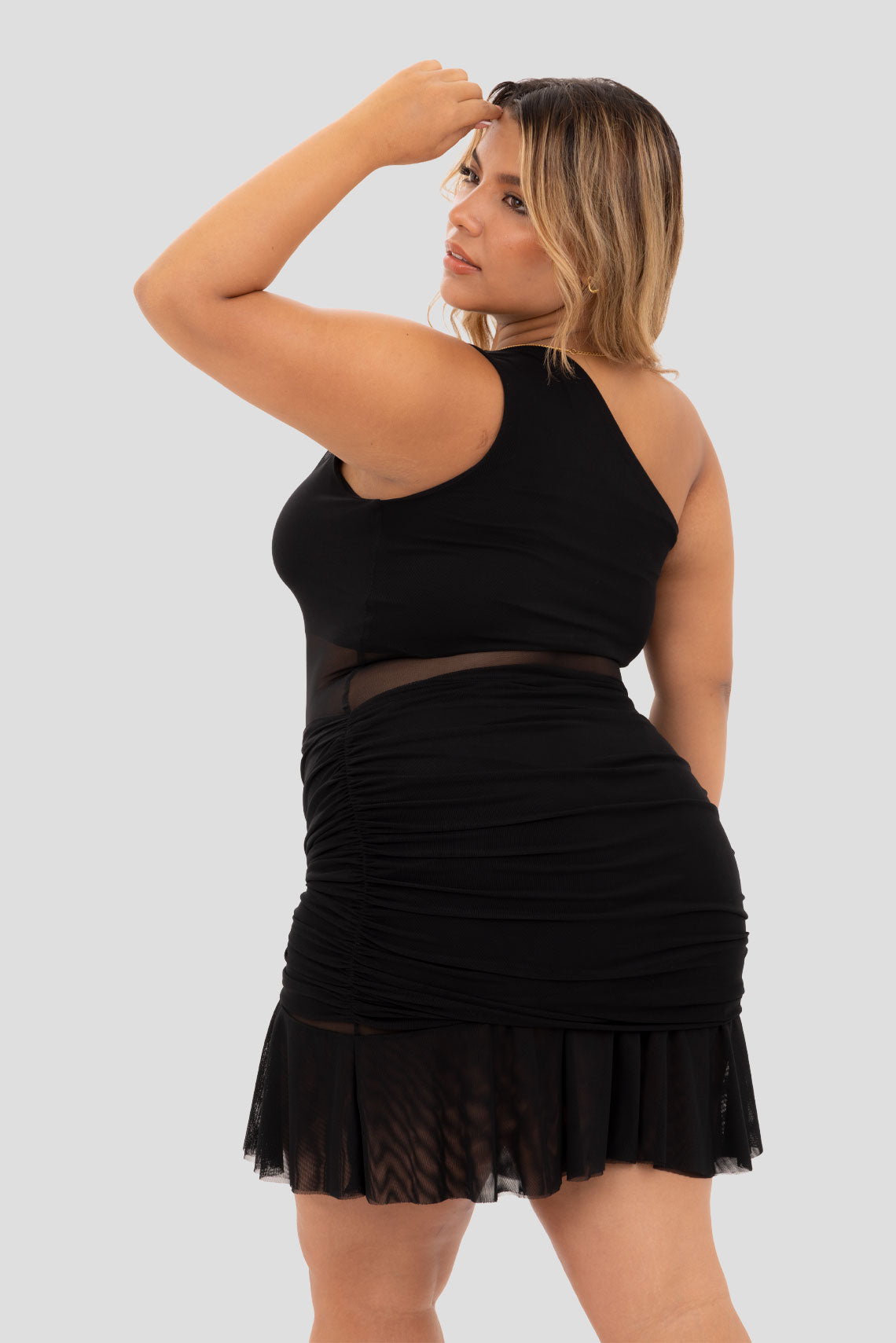 Vestido corto asimétrico en malla Negro