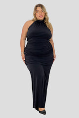 Vestido largo  drapeado cuello halter Negro