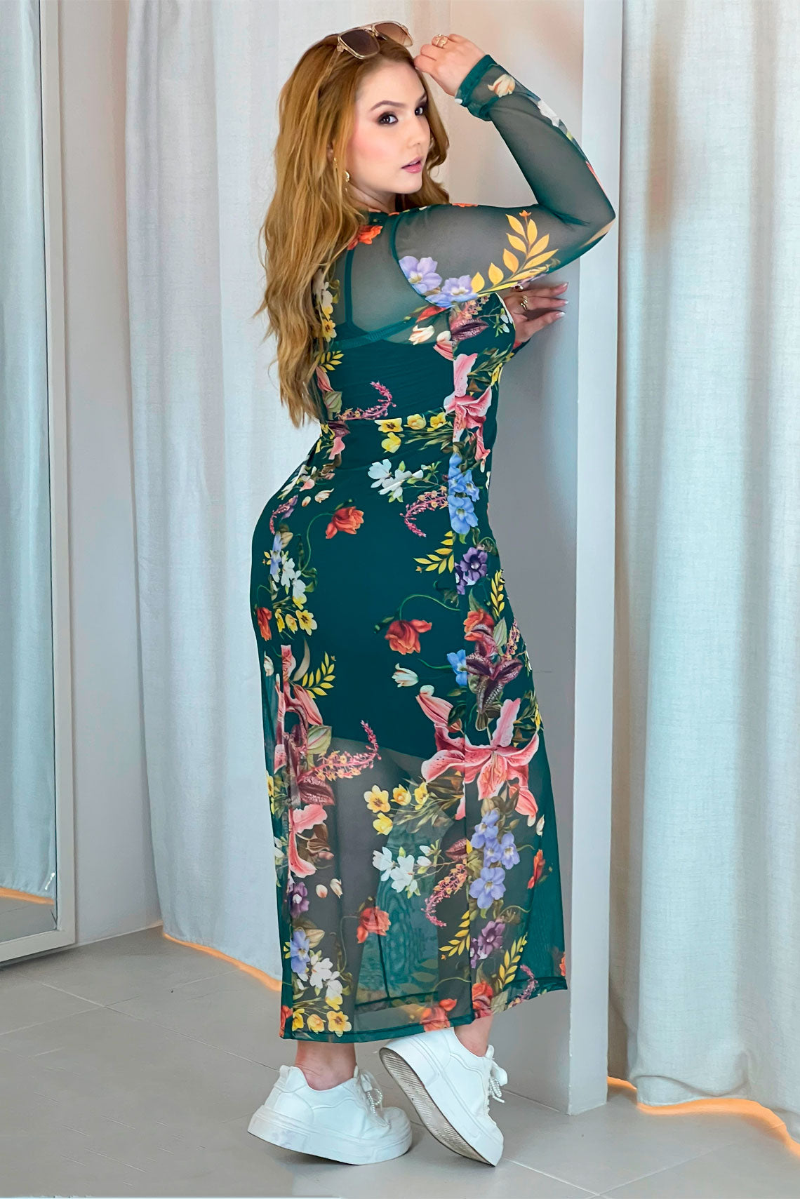 Vestido tul estampado floral verde